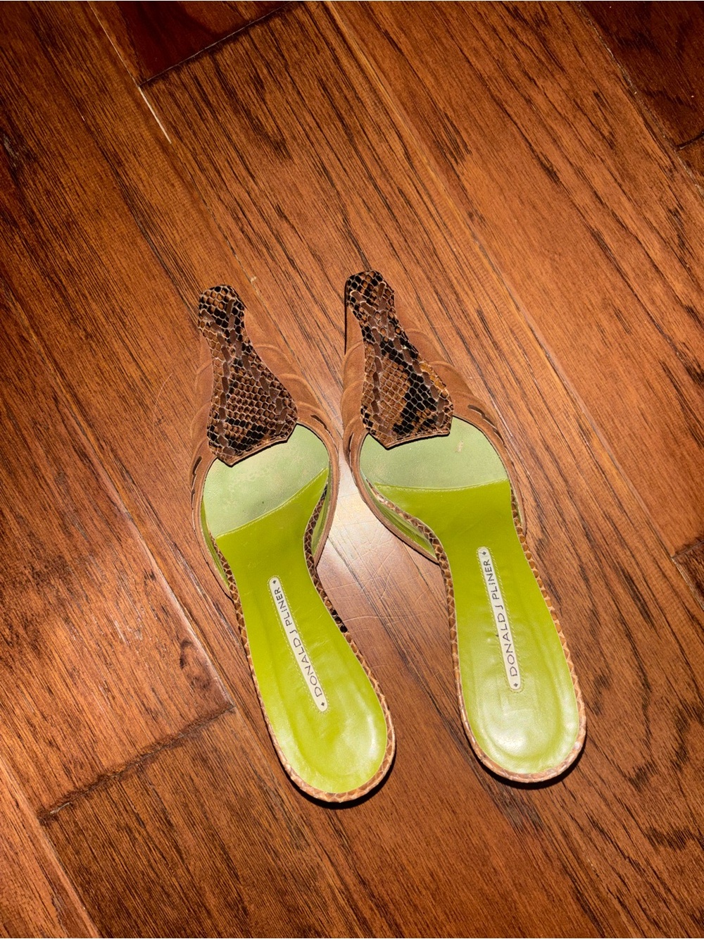 Donald J. Pliner Brown Snake-Print Slip-On Heels with Lime Green Insole